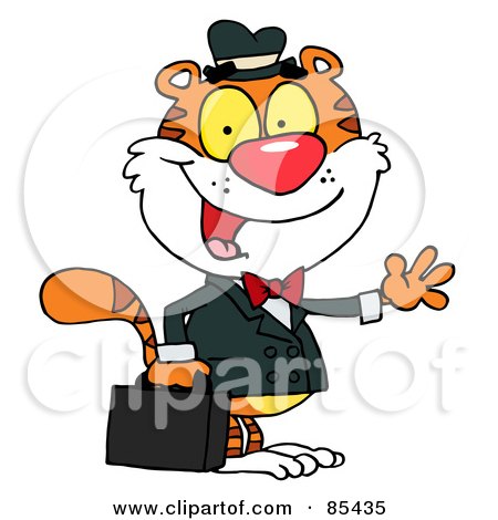 Royalty-Free (RF) Clipart Illustration of a Salesman Tiger Waving And Carrying A Briefcase by Hit Toon