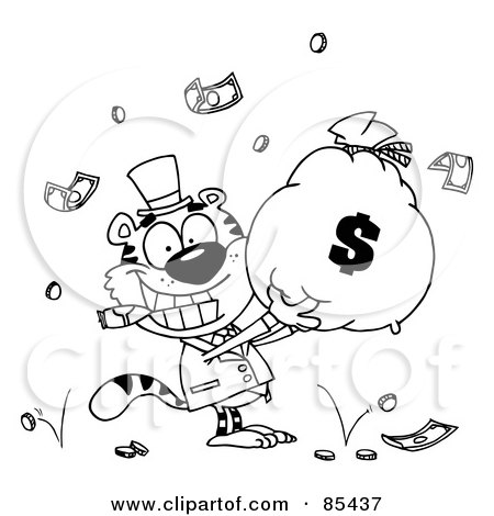 Royalty-Free (RF) Clipart Illustration of an Outlined Tiger Smoking A Cigar And Holding Up A Bag Of Money by Hit Toon