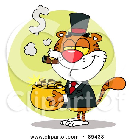 Royalty-Free (RF) Clipart Illustration of a Rich Tiger Carrying A Pot Of Gold And Smoking A Cigar by Hit Toon