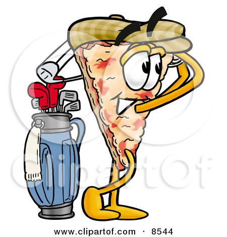Clipart Picture of a Slice of Pizza Mascot Cartoon Character Swinging His Golf Club While Golfing by Mascot Junction