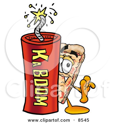Clipart Picture of a Slice of Pizza Mascot Cartoon Character Standing With a Lit Stick of Dynamite by Mascot Junction