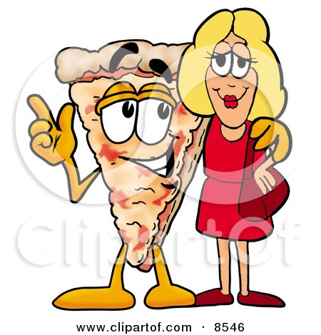 Clipart Picture of a Slice of Pizza Mascot Cartoon Character Talking to a Pretty Blond Woman by Mascot Junction