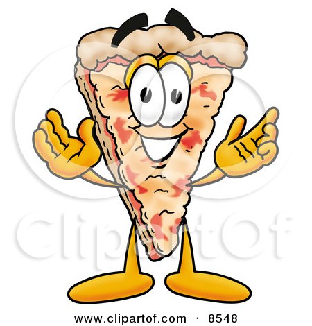 Clipart Picture of a Slice of Pizza Mascot Cartoon Character With Welcoming Open Arms by Toons4Biz