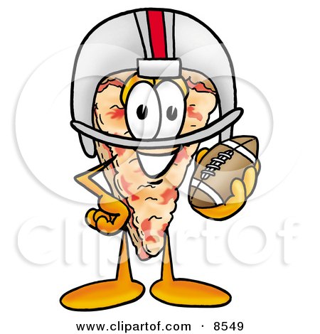 Clipart Picture of a Slice of Pizza Mascot Cartoon Character in a Helmet, Holding a Football by Mascot Junction