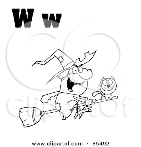 Royalty-Free (RF) Clipart Illustration of an Outlined Witch With Letters W by Hit Toon