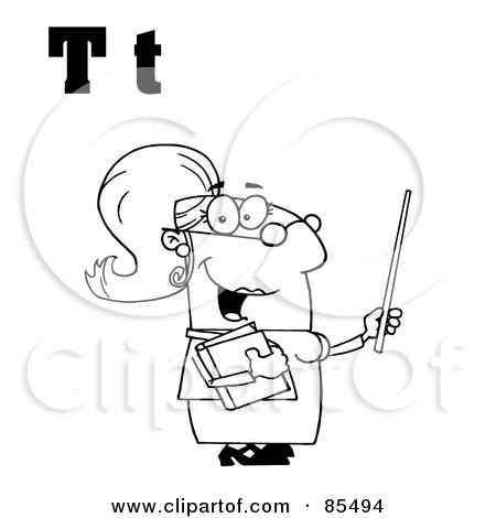 Royalty-Free (RF) Clipart Illustration of an Outlined Female Teacher With Letters T by Hit Toon