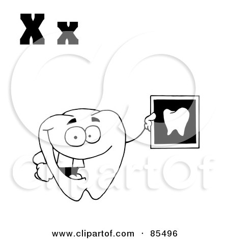 Royalty-Free (RF) Clipart Illustration of an Outlined Tooth Holding An Xray With Letters X by Hit Toon