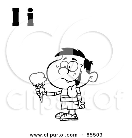 Royalty-Free (RF) Clipart Illustration of an Outlined Boy Eating Ice Cream With Letters I by Hit Toon