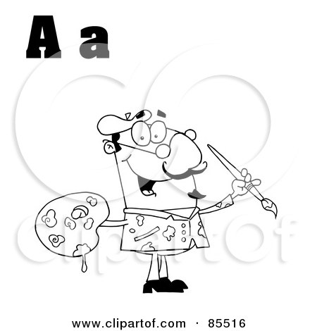 Royalty-Free (RF) Clipart Illustration of a Black And White Outlined Male Artist With Letters A by Hit Toon