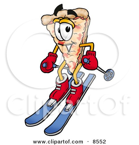 Clipart Picture of a Slice of Pizza Mascot Cartoon Character Skiing Downhill by Mascot Junction