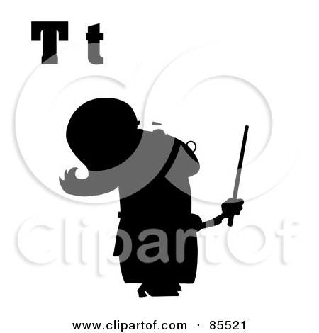 Royalty-Free (RF) Clipart Illustration of a Silhouetted Female Teacher With Letters T by Hit Toon