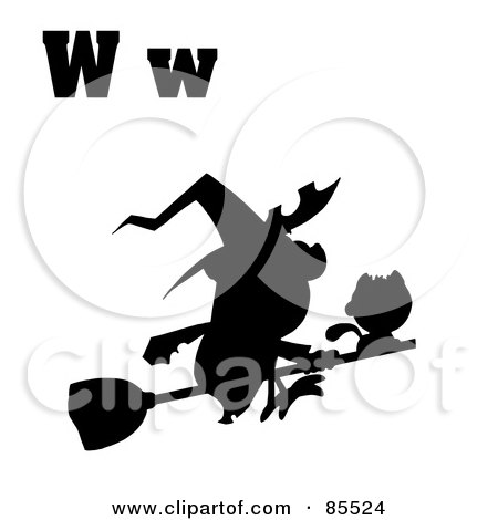 Royalty-Free (RF) Clipart Illustration of a Silhouetted Witch With Letters W by Hit Toon