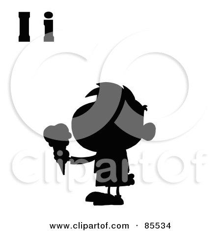 Royalty-Free (RF) Clipart Illustration of a Silhouetted Boy Eating Ice Cream With Letters I by Hit Toon
