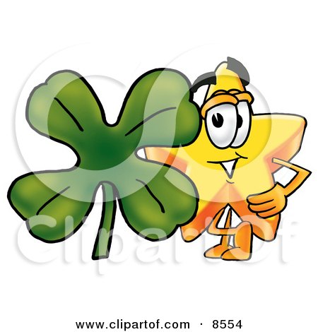 Clipart Picture of a Star Mascot Cartoon Character With a Green Four Leaf Clover on St Paddy's or St Patricks Day by Mascot Junction