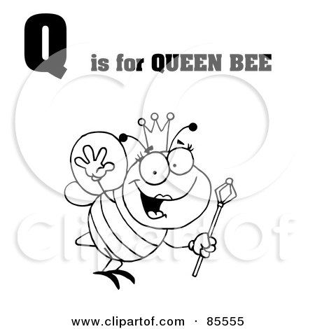 Royalty-Free (RF) Clipart Illustration of an Outlined Queen Bee With Q Is For Queen Bee Text by Hit Toon