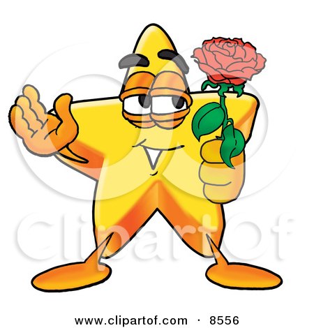Clipart Picture of a Star Mascot Cartoon Character Holding a Red Rose on Valentines Day by Mascot Junction
