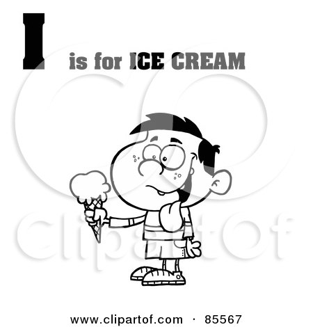 Royalty-Free (RF) Clipart Illustration of an Outlined Boy Eating Ice Cream With I Is For Ice Cream Text by Hit Toon