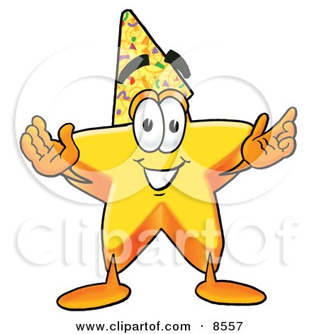 Clipart Picture of a Star Mascot Cartoon Character Wearing a Birthday Party Hat by Mascot Junction