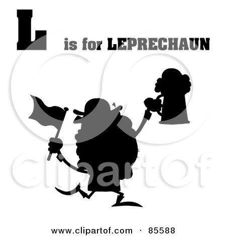 Royalty-Free (RF) Clipart Illustration of a Silhouetted Leprechaun With L Is For Leprechaun Text by Hit Toon