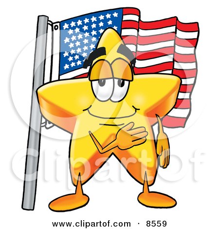 Clipart Picture of a Star Mascot Cartoon Character Pledging Allegiance to an American Flag by Mascot Junction
