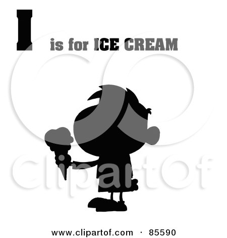 Royalty-Free (RF) Clipart Illustration of a Silhouetted Boy Eating Ice Cream With I Is For Ice Cream Text by Hit Toon