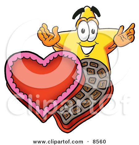 Clipart Picture of a Star Mascot Cartoon Character With an Open Box of Valentines Day Chocolate Candies by Mascot Junction