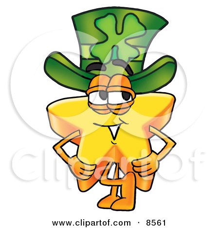 Clipart Picture of a Star Mascot Cartoon Character Wearing a Saint Patricks Day Hat With a Clover on it by Mascot Junction