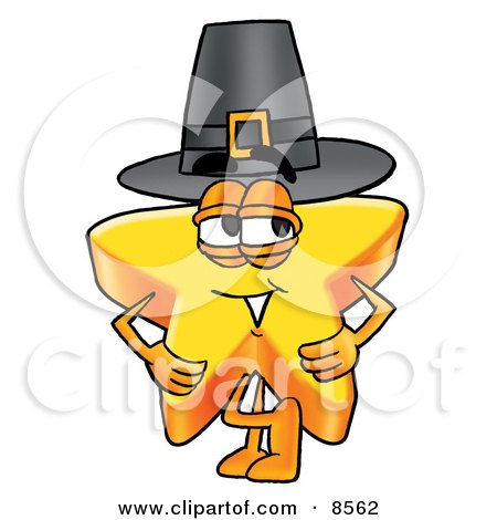 Clipart Picture of a Star Mascot Cartoon Character Wearing a Pilgrim Hat on Thanksgiving by Mascot Junction