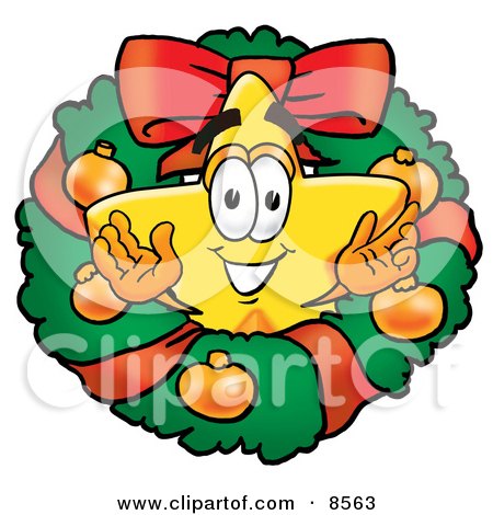 Clipart Picture of a Star Mascot Cartoon Character in the Center of a Christmas Wreath by Mascot Junction