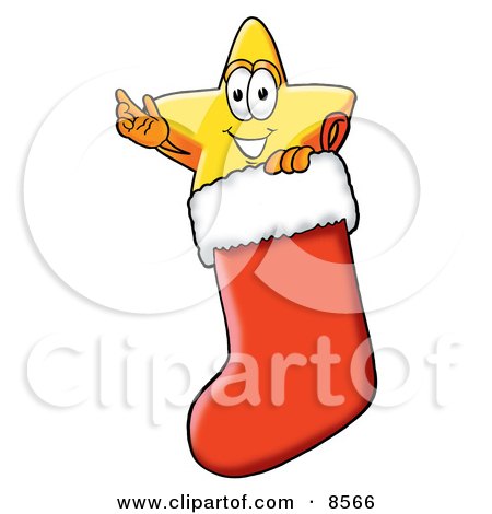 Clipart Picture of a Star Mascot Cartoon Character Inside a Red Christmas Stocking by Mascot Junction