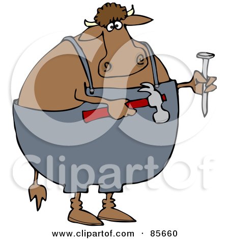 Royalty-Free (RF) Clipart Illustration of a Carpenter Cow Holding A Hammer And Nail by djart