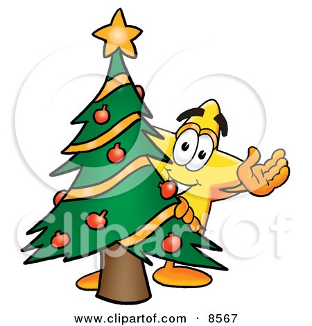Clipart Picture of a Star Mascot Cartoon Character Waving and Standing by a Decorated Christmas Tree by Mascot Junction