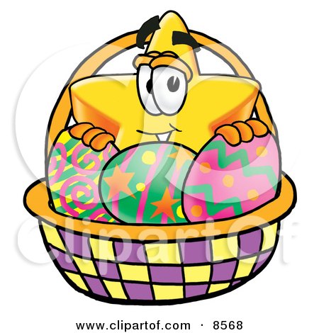 Clipart Picture of a Star Mascot Cartoon Character in an Easter Basket Full of Decorated Easter Eggs by Mascot Junction