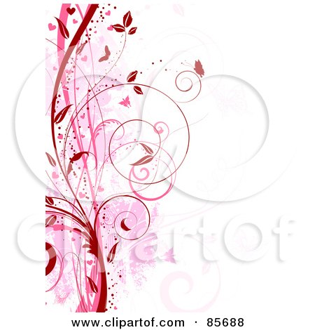 Royalty-Free (RF) Clipart Illustration of a Red And Pink Floral Grunge Vine And Butterfly Background Over White by KJ Pargeter
