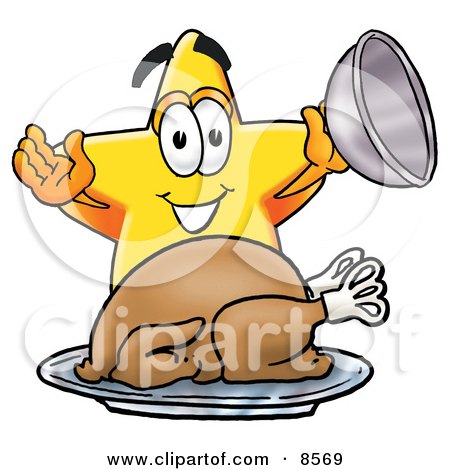 Clipart Picture of a Star Mascot Cartoon Character Serving a Thanksgiving Turkey on a Platter by Mascot Junction