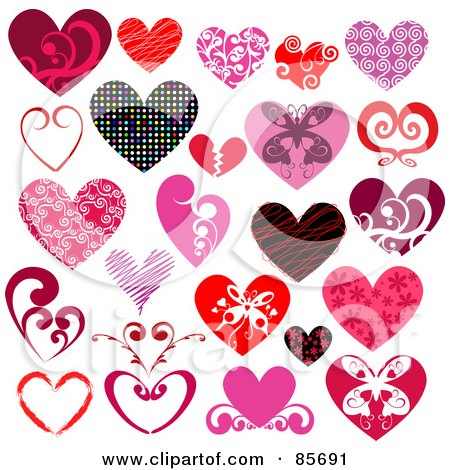 Royalty-Free (RF) Clipart Illustration of a Digital Collage Of Pink, Red And Colorful Patterned Hearts by KJ Pargeter