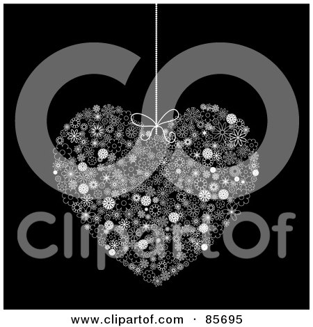 Royalty-Free (RF) Clipart Illustration of a Black And White Suspended Floral Heart Over Black by KJ Pargeter