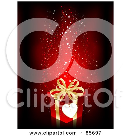 Royalty-Free (RF) Clipart Illustration of a Blank Heart Tag On A Red And Gold Gift Box, With Sparkly Hearts On Red by KJ Pargeter