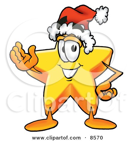Clipart Picture of a Star Mascot Cartoon Character Wearing a Santa Hat and Waving by Mascot Junction