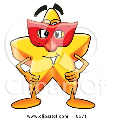 Clipart Picture of a Star Mascot Cartoon Character Wearing a Red Mask Over His Face by Mascot Junction