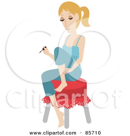 Royalty-Free (RF) Clipart Illustration of a Pretty Caucasian Woman Sitting On A Stool And Painting Her Toes During A Home Pedicure by Rosie Piter