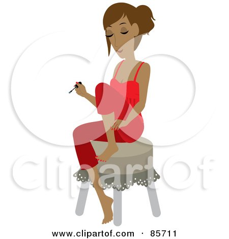 Royalty-Free (RF) Clipart Illustration of a Pretty Hispanic Woman Sitting On A Stool And Painting Her Toes During A Home Pedicure by Rosie Piter