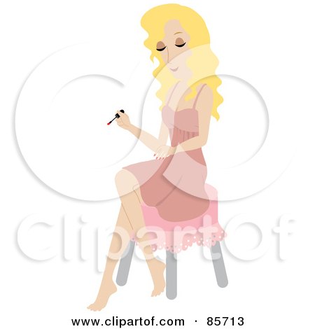 Royalty-Free (RF) Clipart Illustration of a Pretty Caucasian Woman Sitting On A Stool And Painting Her Hands During A Home Manicure by Rosie Piter