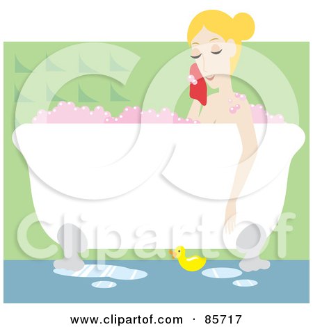 Royalty-Free (RF) Clipart Illustration of a Relaxed Caucasian Woman Taking A Luxurious Bubble Bath In A Claw Foot Tub by Rosie Piter