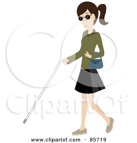 Royalty-Free (RF) Clipart Illustration of a Brunette Caucasian Blind Woman Walking With A White Cane by Rosie Piter