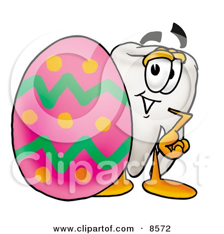 Clipart Picture of a Tooth Mascot Cartoon Character Standing Beside an Easter Egg by Mascot Junction