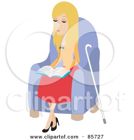 Royalty-Free (RF) Clipart Illustration of a Blind Caucasian Woman Sitting In A Chair And Reading Braille, Her Cane At Her Side by Rosie Piter