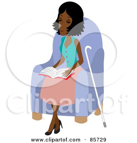 Royalty-Free (RF) Clipart Illustration of a Blind Black Woman Sitting In A Chair And Reading Braille, Her Cane At Her Side by Rosie Piter