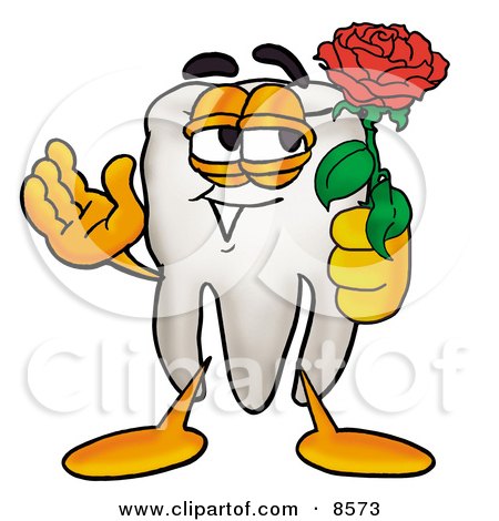 Clipart Picture of a Tooth Mascot Cartoon Character Holding a Red Rose on Valentines Day by Mascot Junction