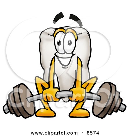Clipart Picture of a Tooth Mascot Cartoon Character Lifting a Heavy Barbell by Mascot Junction